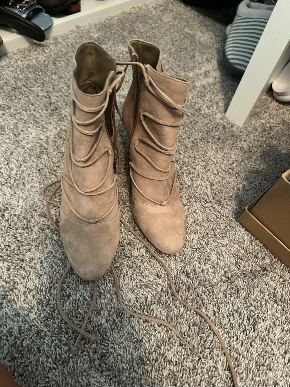 Vince Camuto Taupe Lace-Up Suede Ankle Boots